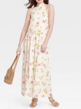 a new day Cream Floral Halter Maxi Dress with Pink & Yellow Blooms